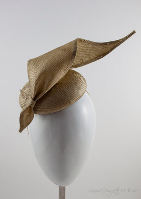 Gold straw button hat with twisted tie