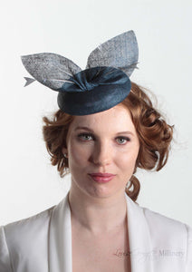 Blue pinokpok pillbox with bow and feather detail. Handmade Millinery made in London - Louise Georgette Millinery Front view.