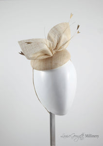 Natural coloured straw bow hat with feathers. Side view. Royal Ascot, Royal enclosure approved. Millinery handmade in London. Louise Georgette Millinery