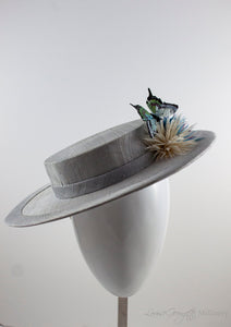 Silver / Grey Boater with Aster feather flowers and butterfly