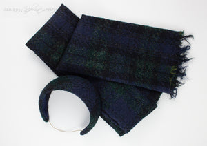 Tartan plaid headband and matching scarf made in Navy, Green and Black.