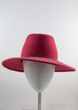 Front view of Rabbit Fur Felt Salmon Fedora with Tiffany inspired silver coloured chain