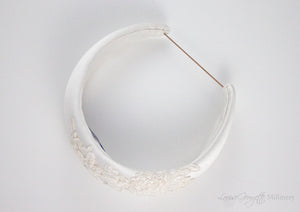 White Satin and Guipure Lace headnband. Top view. 
