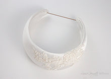 White Satin and Guipure Lace headband. Top view.