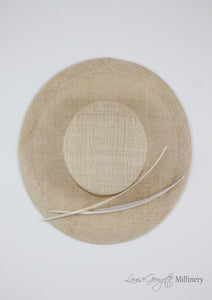 Natural coloured straw boater hat with two cream feathers. Handmade London Millinery. Top view.