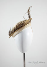 Allegra gold feathered straw Beret. Millinery handmade in London. Front view.