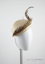 Allegra gold feathered straw Beret. Millinery handmade in London. Side view.