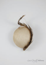 Allegra gold feathered straw Beret. Millinery handmade in London. Top view.