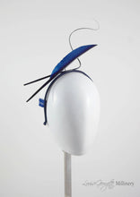 Navy two quill headband or fascinator. Side view. Handmade millinery made in London.