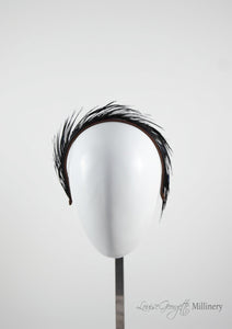 Black feather headband, handmade millinery front view, Louise Georgette Millinery