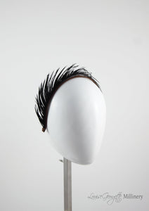 Black feather headband, handmade millinery side view, Louise Georgette Millinery
