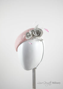 Pink sinamay Beret with white handmade leather flower. Side view. Handmade Millinery made in London.