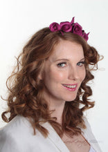 Mini Rosie Cerise Flower Crown for weddings and special occasions. Side view on model.