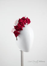 Patterned Leather roses on headband with reflective lattice detail. Millinery handmade in London. Side view.