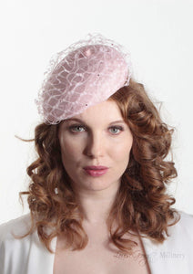 Frenchie Pink waffle beret, handmade in London. model front view. Louise Georgette Millinery