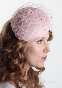 Frenchie Pink waffle beret, handmade in London. model side view. Louise Georgette Millinery