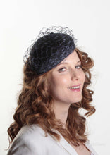 Frenchie Navy waffle beret, handmade in London. Model side view. Louise Georgette Millinery