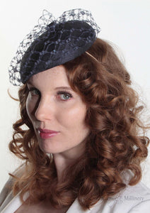 Frenchie Navy waffle Beret hat, handmade in London. model front view. Louise Georgette Millinery