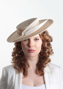 Harper natural and cream boater with two quills. Millinery handmade in London. Front view with model.