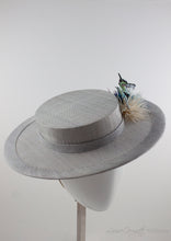 3/4 angle Silver / Grey Boater with Aster feather flowers and butterfly