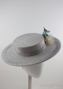 3/4 angle Silver / Grey Boater with Aster feather flowers and butterfly
