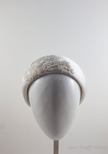 White Satin and Guipure Lace headnband. Front view.