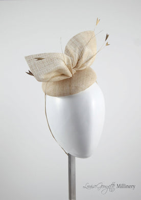 Natural coloured straw bow hat with feathers. Side view. Royal Ascot, Royal enclosure approved. Millinery handmade in London. Louise Georgette Millinery