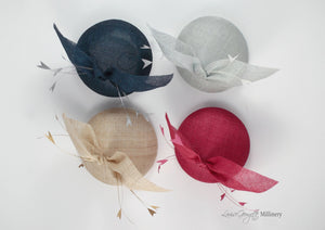 Four hats with feathers. Top view in different colours. Royal Ascot, Royal enclosure approved. Millinery handmade in London. Louise Georgette Millinery