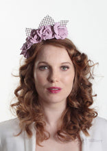 Rosie pale lilac leather flower crown on lattice. Model front view. Millinery handmade in London.