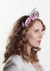 Rosie pale lilac leather flower crown on lattice. Model right side view. Millinery handmade in London.