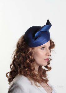 Royal Blue Silk Abaca Beret. Front right side model view. Royal enclosure approved. Millinery handmade in London. Louise Georgette Millinery