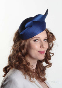 Royal Blue Silk Abaca Beret. Side view. Royal enclosure approved. Millinery handmade in London. Louise Georgette Millinery