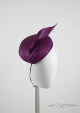 Side view, Silk Magenta Beret hat with twist detail. Handmade in London, Millinery suitable for racing, weddings and other special occasions. 