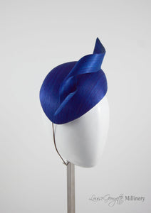 Side view, Silk Royal Blue Beret hat with twist detail. Handmade in London, Millinery suitable for racing, weddings and other special occasions. 