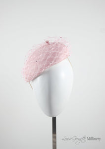 Frenchie Pink waffle beret, handmade in London. Side view. Louise Georgette Millinery