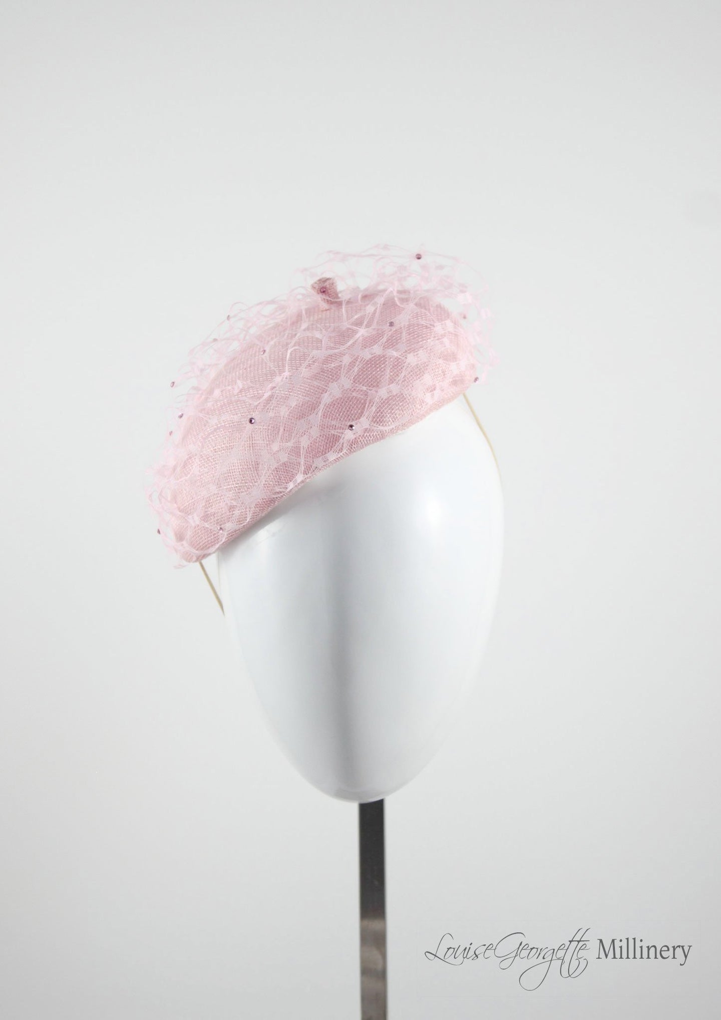 Frenchie Pink waffle beret, handmade in London. Side view. Louise Georgette Millinery
